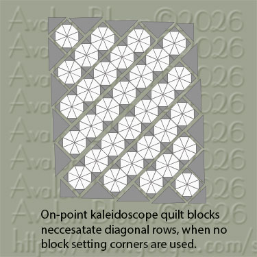 On-point kaleidoscope quilt blocks neccesatate diagonal rows, when no block setting corners are used.