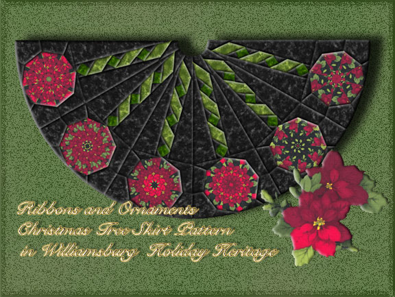 Ribbons and Ornaments Kaleidoscope Quilt  Christmas Tree Skirt Pattern uses 5 Avalon Bloom pre-cut kaleidoscope blocks