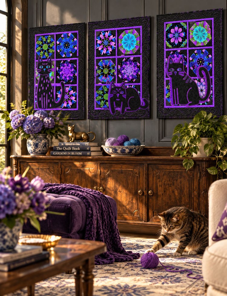 A Purrfect View Laser Cut  Appliqué Cat 1 Quilt Hanging