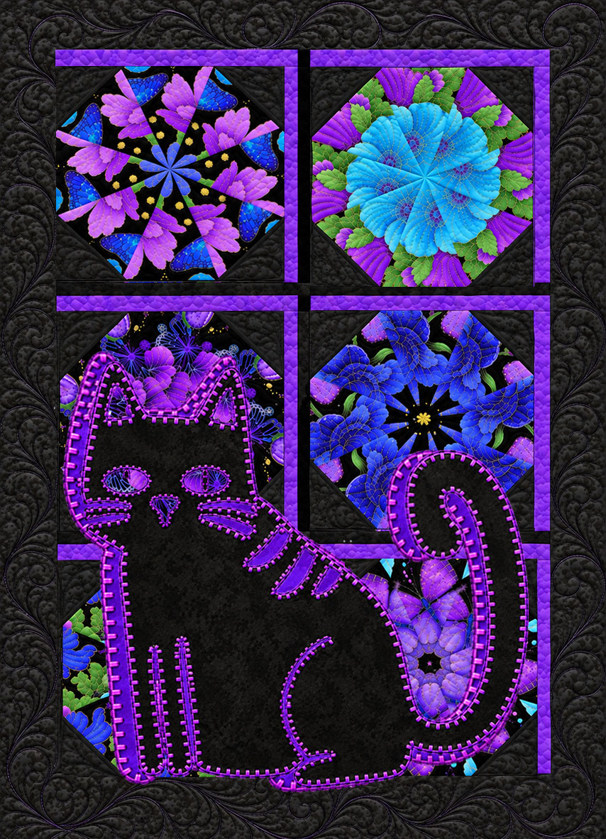 A Purrfect View Laser Cut  Appliqué Cat 2 Quilt Hanging