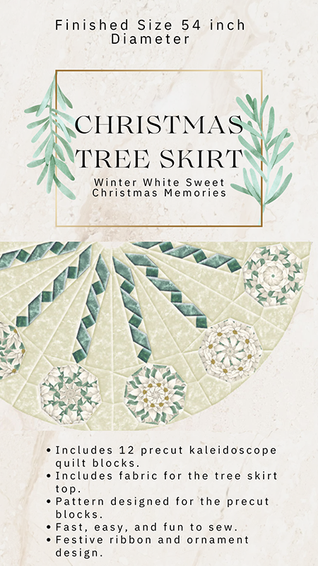 Christmas Memories Winter White Ribbon and Ornaments Kaleidoscope Quilt TreeSkirt