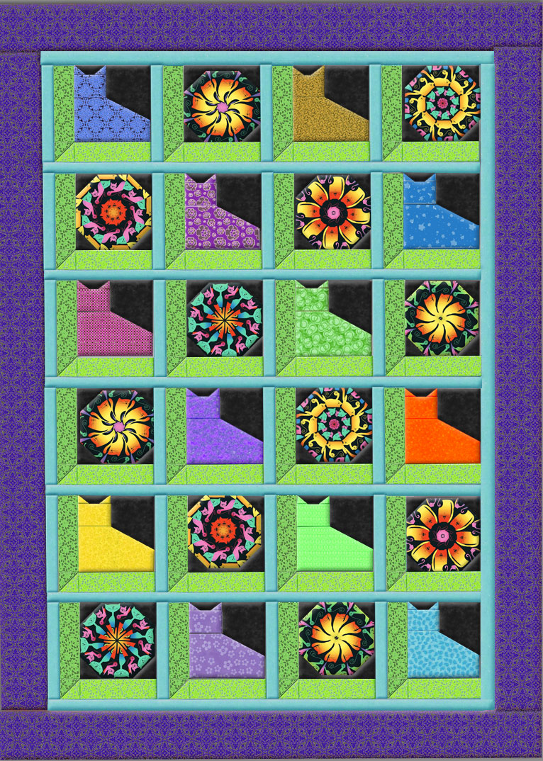 Kat-tastic Cats in the Window with Kaleidoscopes Quilt Top Kit 