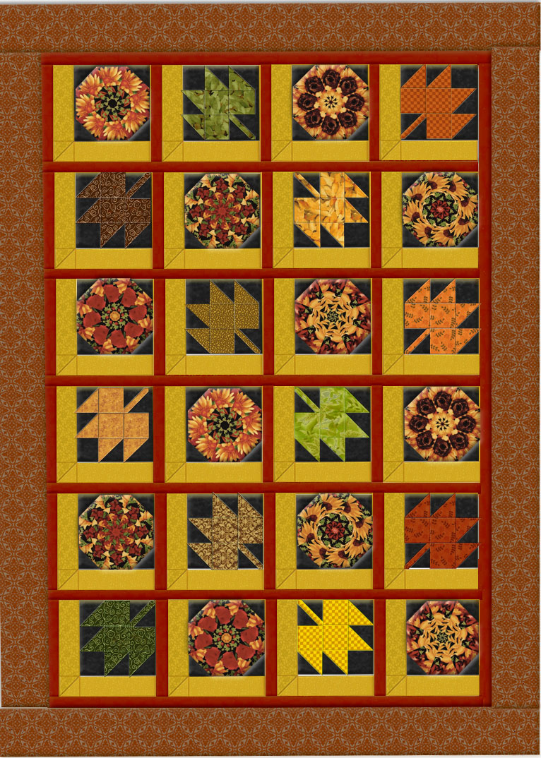 Leaves in the Window with Kaleidoscopes Quilt Pattern uses 12 pre-cut kaleidoscope quilt blocks