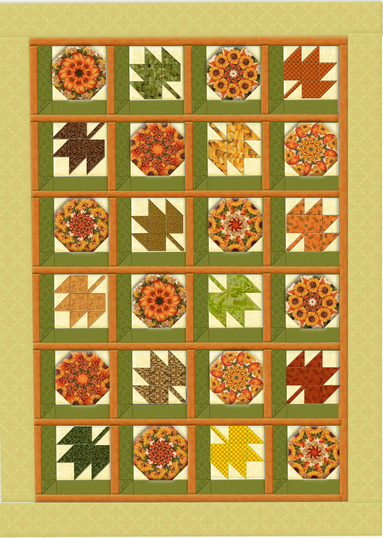 Leavesin the Window with Kaleidoscopes Quilt Pattern uses 12 pre-cut kaleidoscope quilt blocks