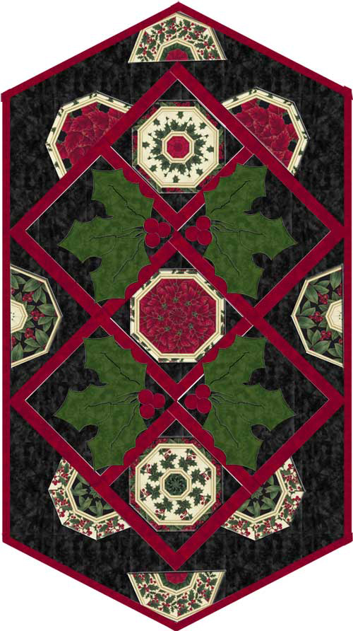 Holly Day kaleidoscope table runner pattern that uses 7 pre-cut Avalon Bloom kaleidoscopes and appliquéd berries and leaves
