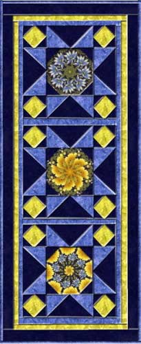 Twilight Stars Kaleidoscope Quilt Table Runner Pattern uses 3 pre-cut Avalon Bloom kaleidoscope quilt blocks